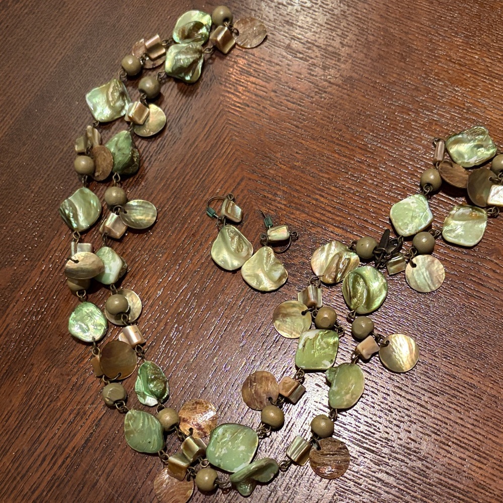 Multi-Strand Green Shell Bead Necklace and Earring Set